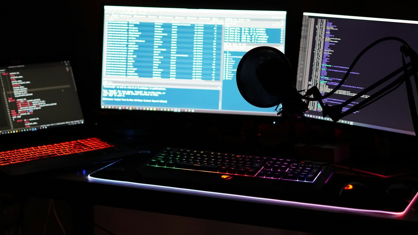 Computer workstation with multiple screens, a microphone, and gaming peripherals.